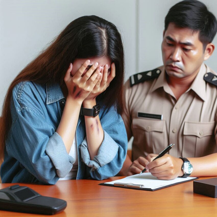 Un poliziotto raccoglie una denuncia di violenze domestiche da una donna